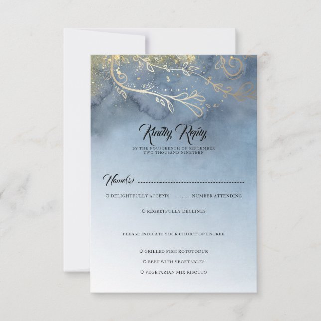 Dusty Blue et Gold Modern RSVP (Devant)