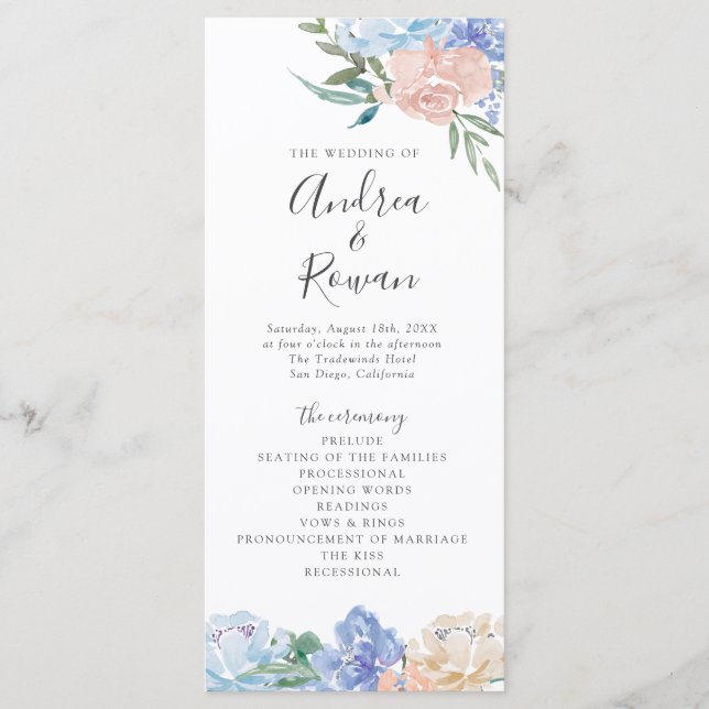 Dusty Blue et rose Floral Wedding Programme (Devant)