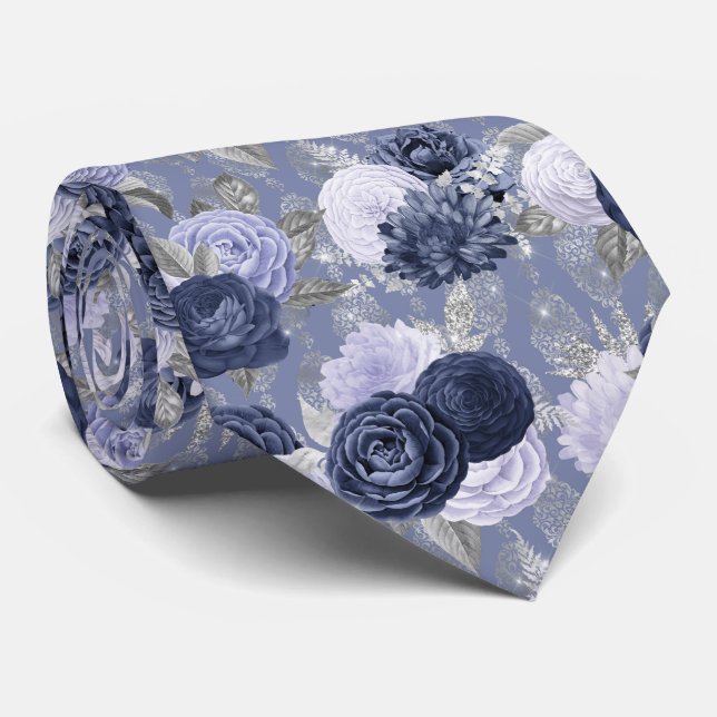 Dusty Blue et Silver Floral Mariage Cravate (Roulé)