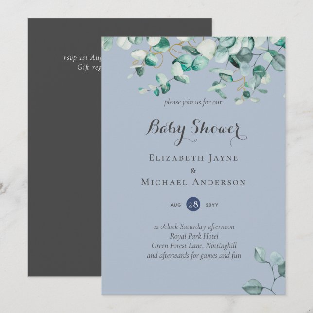 Dusty Blue Eucalyptus Invitations de BABY SHOWER v (Devant / Derrière)