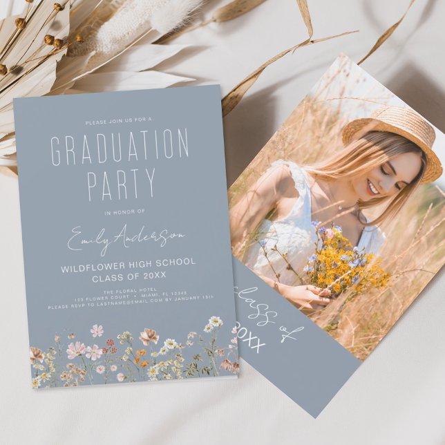 Dusty Blue Fleur sauvage Graduation Party Invitati (Créateur téléchargé)