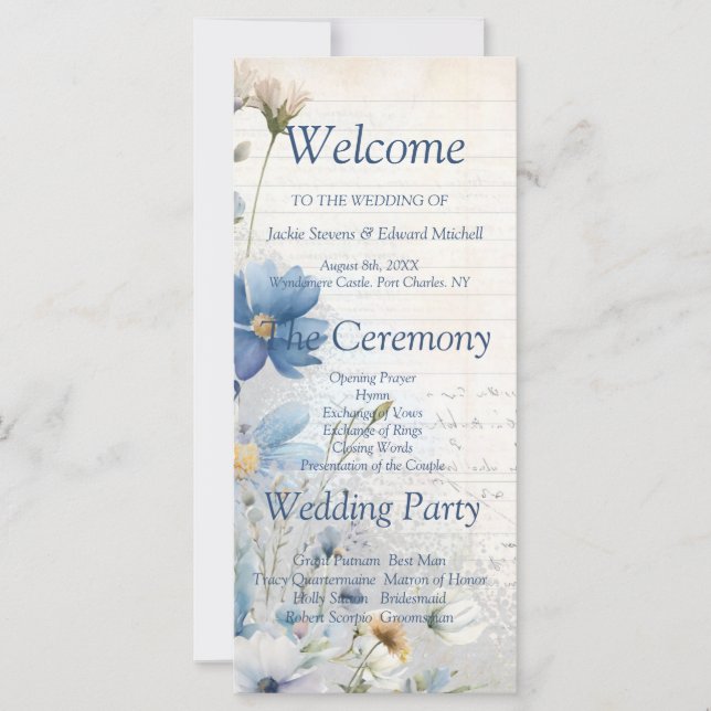 Dusty Blue Fleur sauvage Wedding Programme (Devant)