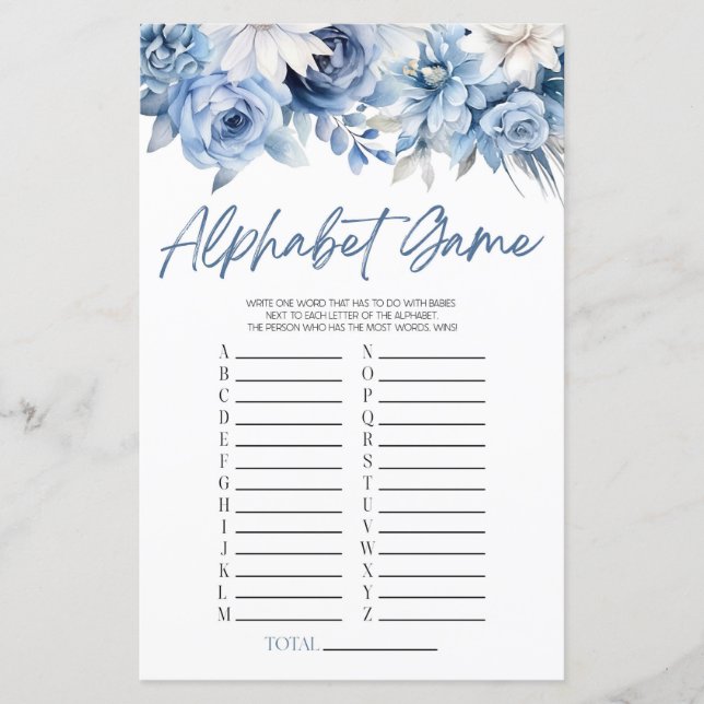 Dusty Blue Floral Alphabet Baby shower Jeu (Devant)