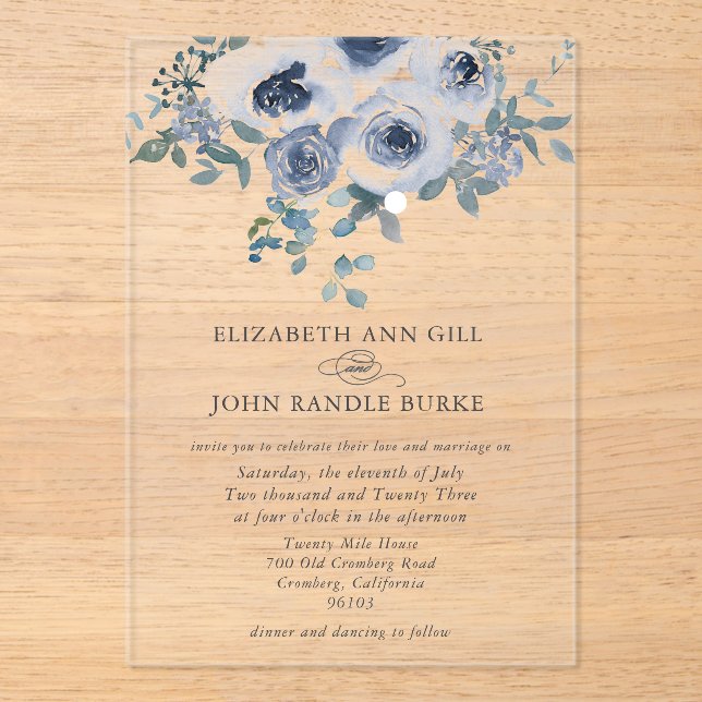 Dusty Blue Floral and Grey Acrylic Invitation (Recto)