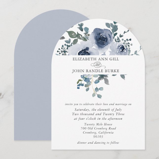 Dusty Blue Floral and Grey Arch Wedding Invitation (Devant / Derrière)