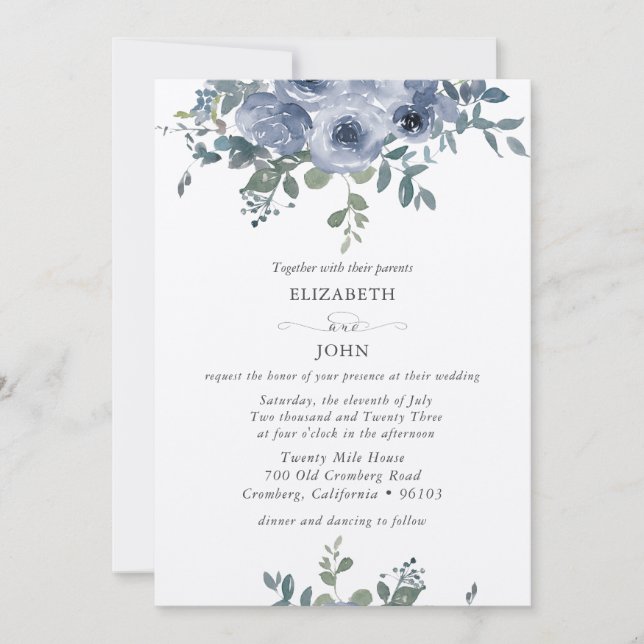 Dusty Blue Floral and Grey Wedding Invitation (Devant)