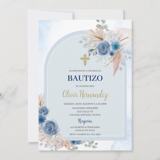 Dusty Blue Floral Bautizo Espagne Invitation (Devant)
