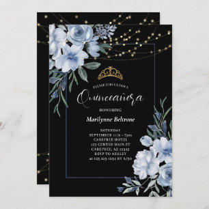 Dusty Blue Floral Black Quinceañera Invitation