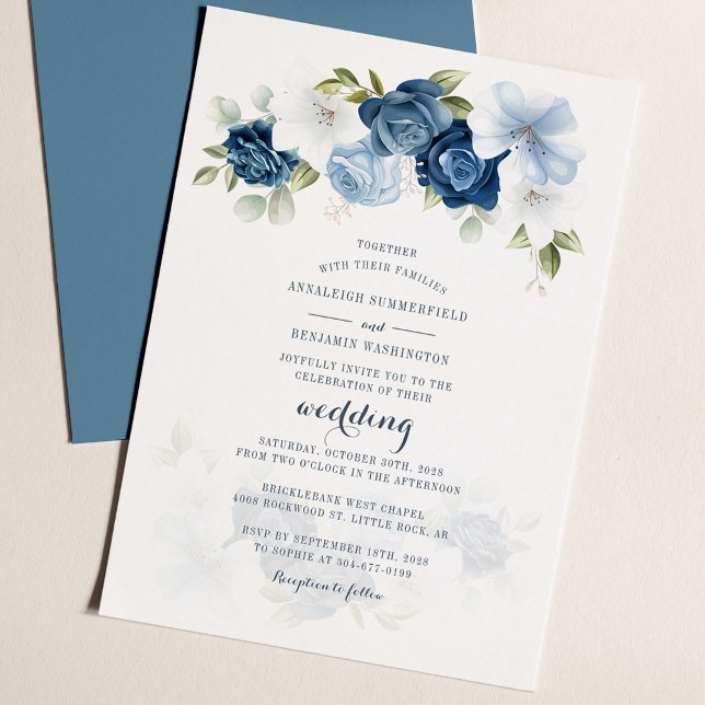 Dusty Blue Floral Botanical Greenery Mariage (Dusty Blue Floral Elegant Script Wedding Invitation)
