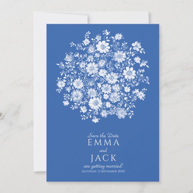 Dusty Blue Floral Bouquet Save the Date Card (Devant)