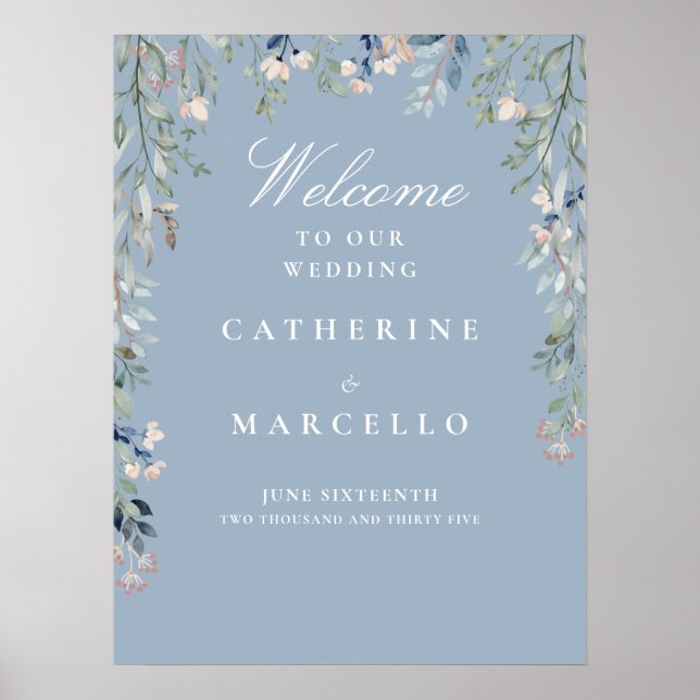 Dusty Blue Floral Cascade Mariage Affiche de bienv (Devant)