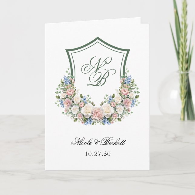Dusty Blue Floral Crest Programme de mariage (Devant)