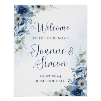 Dusty Blue Floral Editable Mariage Affiche de bien
