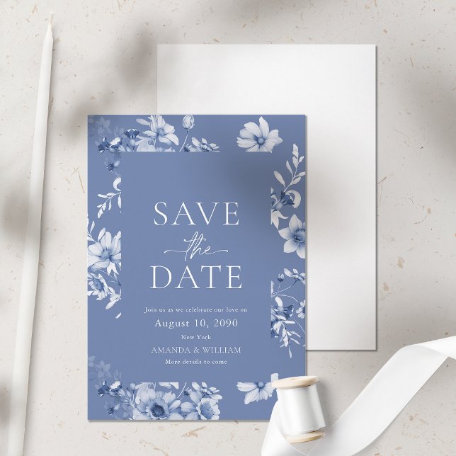 Dusty Blue Floral Enregistrer la carte Date (Créateur téléchargé)