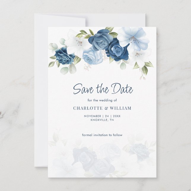 Dusty Blue Floral Enregistrer La Date Annonce (Devant)