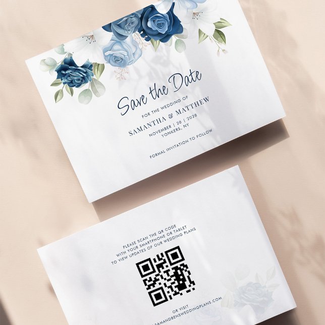 Dusty Blue Floral Enregistrer la date Code QR (Créateur téléchargé)