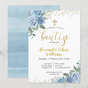 Dusty Blue Floral Espagnol Boy Bautizo Invitation