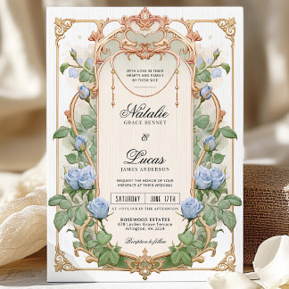 Dusty Blue Floral et Faire-part de mariage or