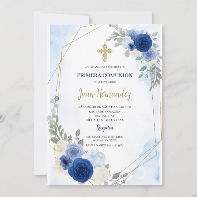 Dusty Blue Floral First Comunion Invitation (Devant)