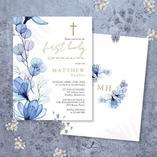 Dusty Blue Floral First Holy Communion Invitation (Dusty Blue Floral First Holy Communion Invitation Postcard)