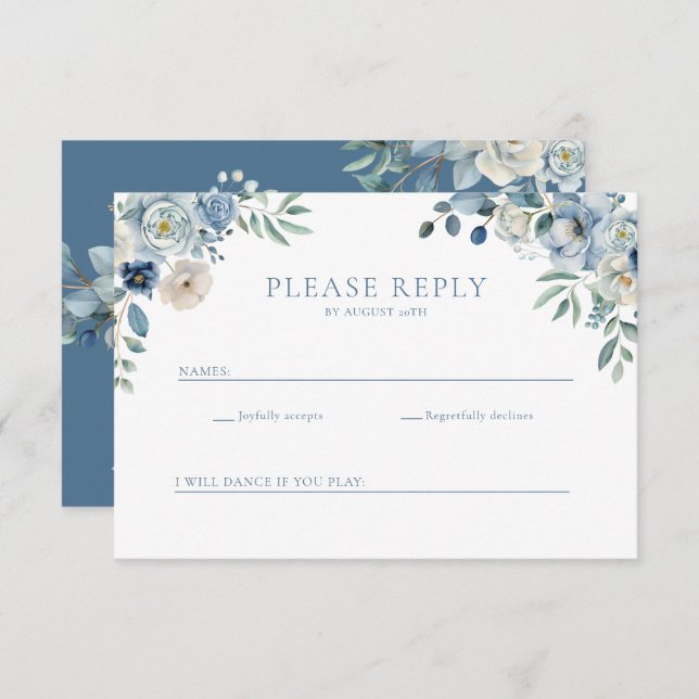 Dusty Blue Floral Fleur sauvage Wedding Carte post (Devant / Derrière)
