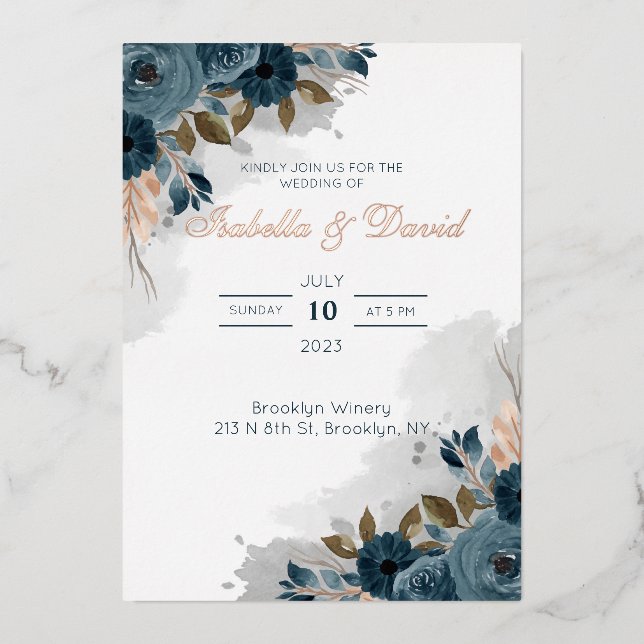 Dusty Blue Floral I Foil Faire-part de mariage (Recto)