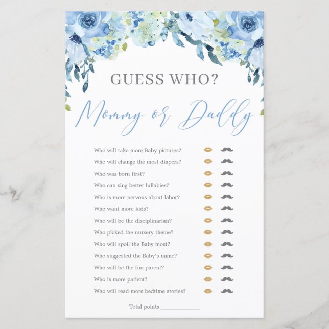 Dusty Blue Floral maman ou papa Baby shower jeu (Devant)