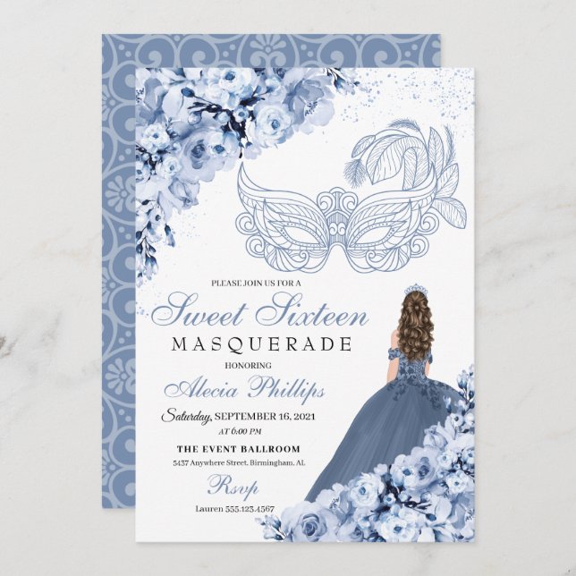 Dusty Blue Floral Masquerade Sweet 16 Invitation (Devant / Derrière)