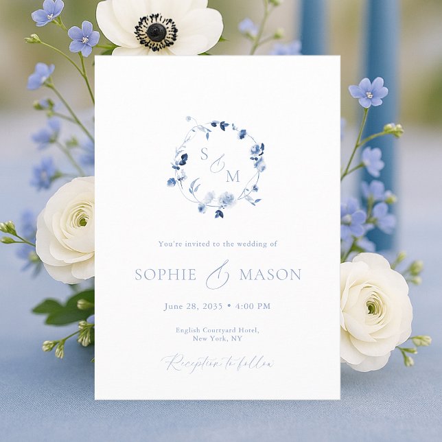 Dusty Blue Floral Monogram Wedding Invitation  (Créateur téléchargé)