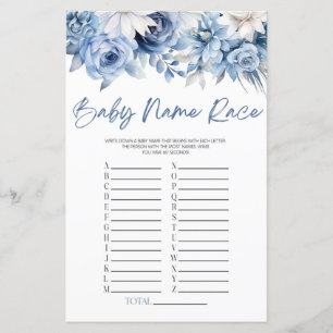 Dusty Blue Floral Nom Course Baby shower Jeu