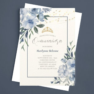 Dusty Blue Floral Quinceañera Invitation