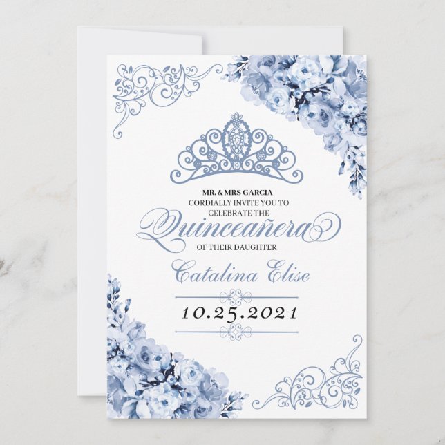 Dusty Blue Floral Quinceanera Invitation Anniversa (Devant)