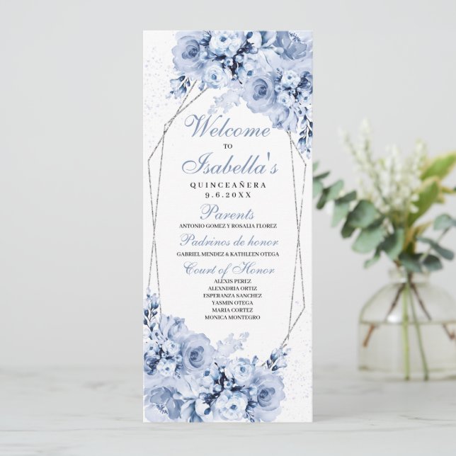 Dusty Blue Floral Quinceanera Programme (Debout devant)