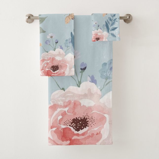 Dusty Blue Floral Watercolor Garden Pink Blooms (En situation)
