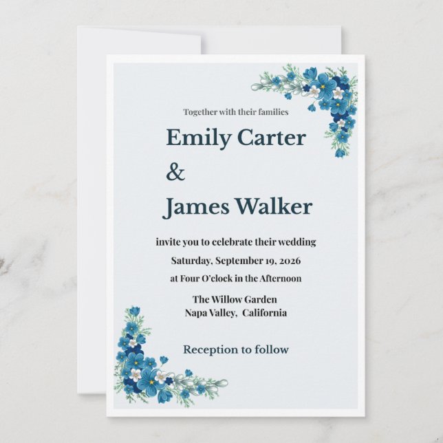 Dusty Blue Floral Wedding Invitation (Devant)