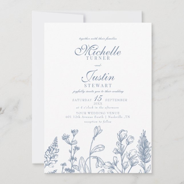 Dusty Blue Floral Wedding Invitations (Devant)