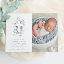 Dusty Blue Florals Baptism Photo Invitation