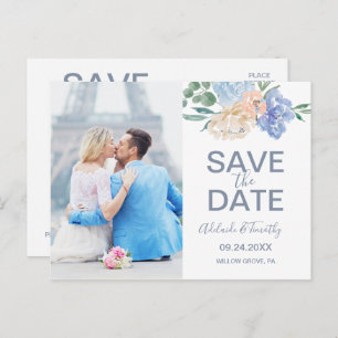 Dusty Blue Florals Photo Enregistrer la date Carte