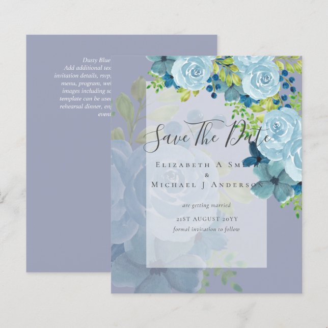 DUSTY BLUE FLOWERS SAVE DATES - BUDGET (Devant / Derrière)