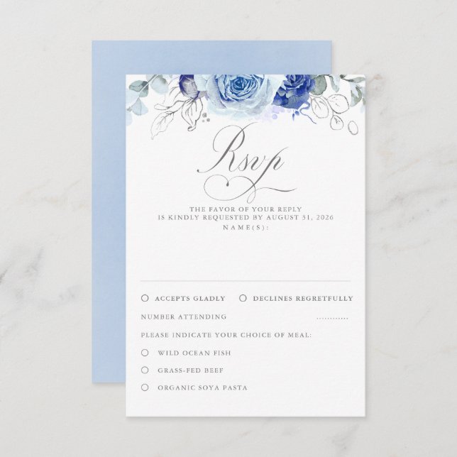 Dusty Blue Flowers Wedding RSVP (Devant / Derrière)