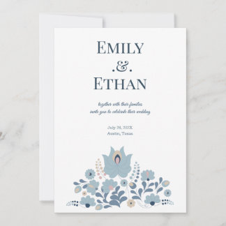Dusty Blue Folk Floral Wedding Invitation