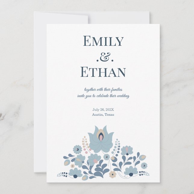 Dusty Blue Folk Floral Wedding Invitation (Devant)