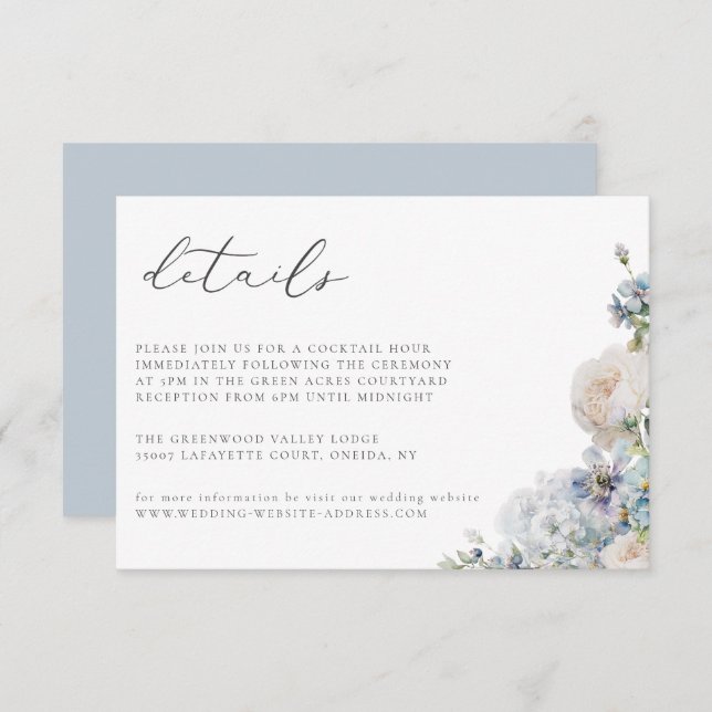 Dusty Blue Garden Floral Mariage Détails Carte (Devant / Derrière)