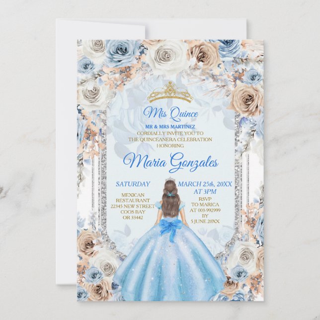 Dusty Blue & Gold Floral Mis XV Anos Invitation (Devant)