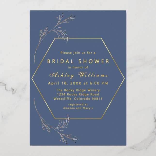 Dusty Blue Gold Foil Bridal Shower Invitation (Recto)