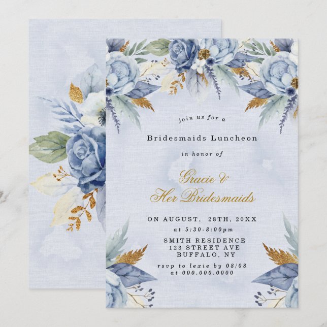 Dusty Blue Gold Peony Bridesmaids Invitations de d (Devant / Derrière)