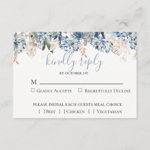 Dusty Blue Golden Botanical Wedding Carte RSVP