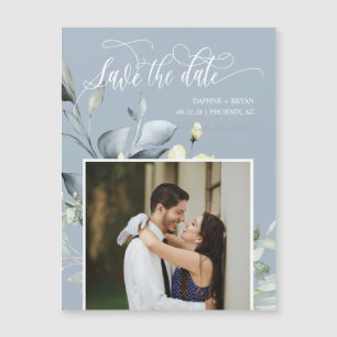 Dusty Blue Green Feuilles Sauvez la date Photo Mag
