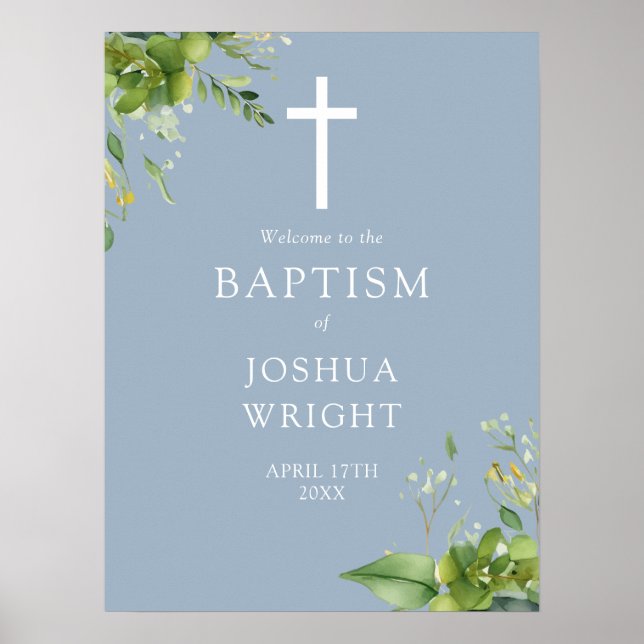 Dusty Blue Greenery Baptism Affiche de bienvenue (Devant)