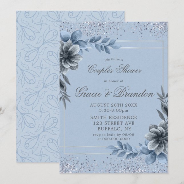 Dusty Blue Grey Floral Couples Invitations de douc (Devant / Derrière)